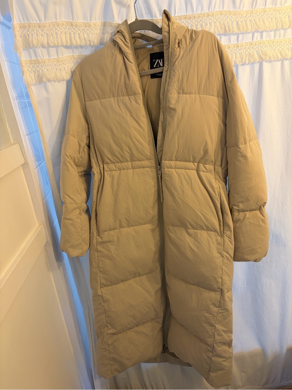 Zara Long Hooded Puffer Coat in Beige/Tan